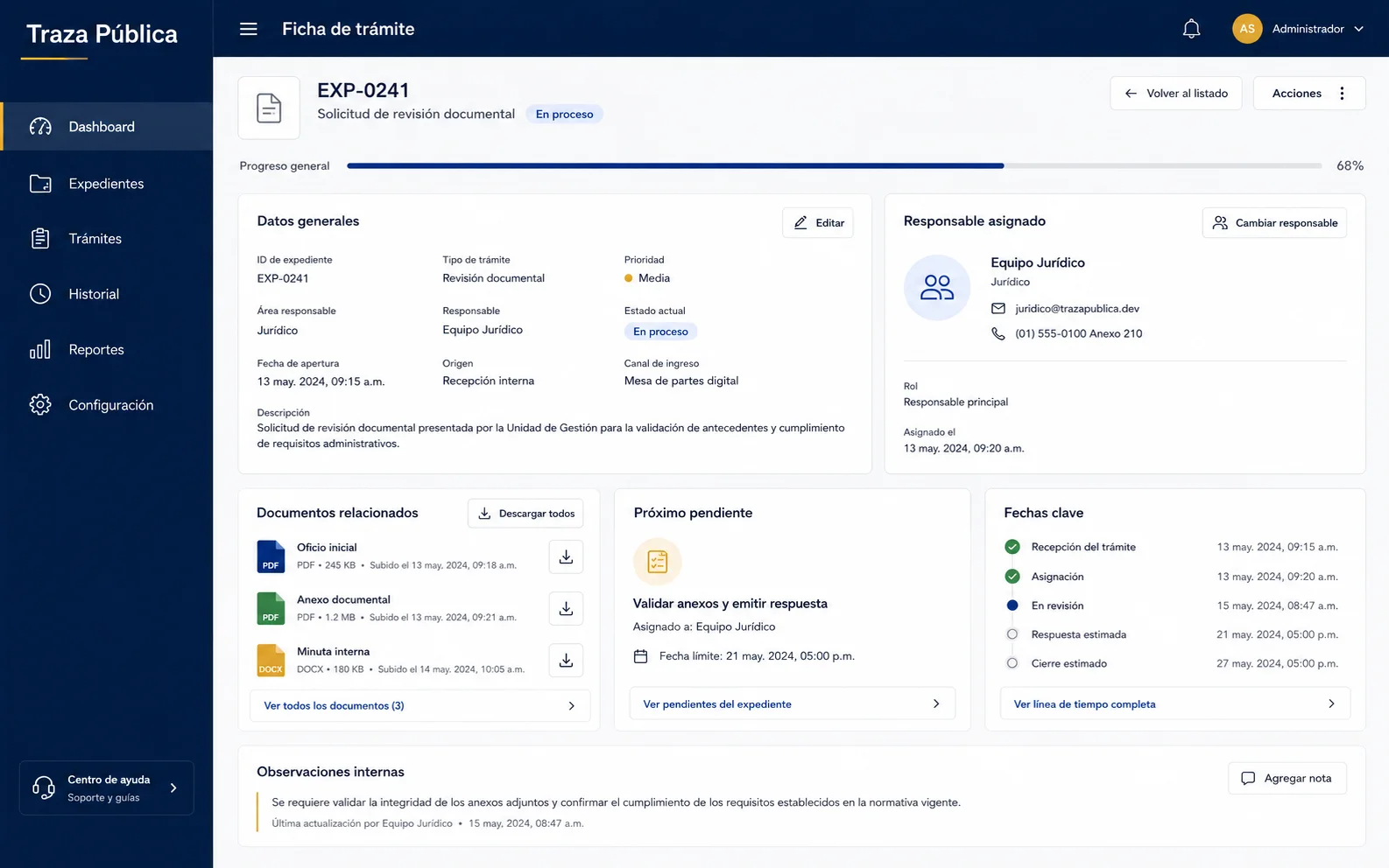 Mockup de ficha detallada de un trámite con responsable, estatus y documentos.