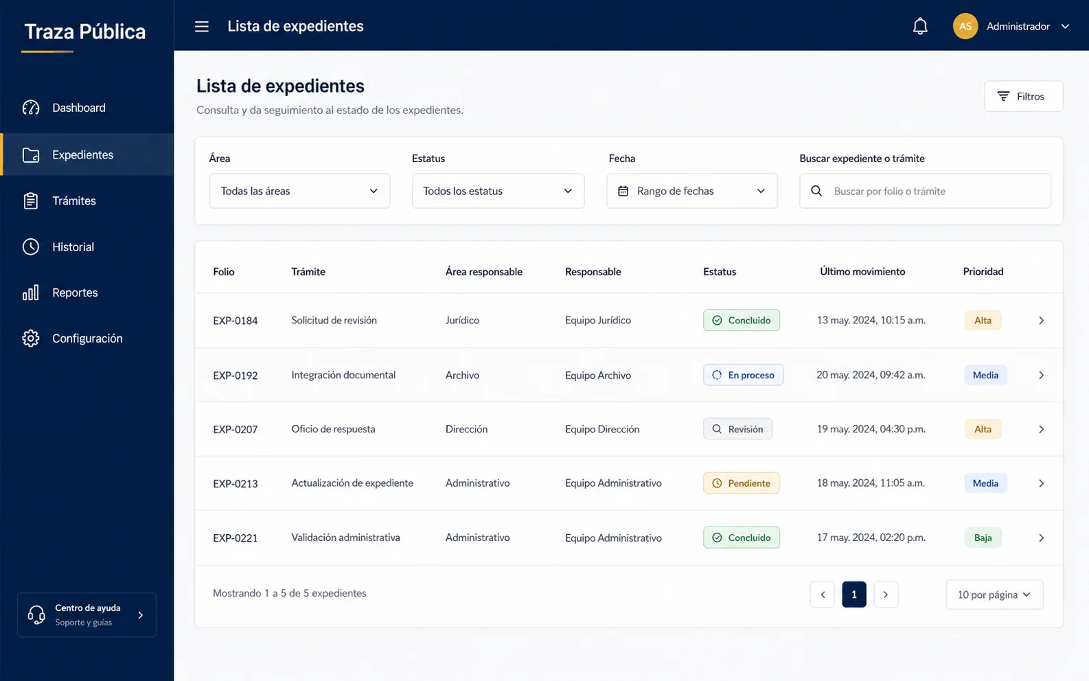 Mockup de tabla para seguimiento de expedientes administrativos.